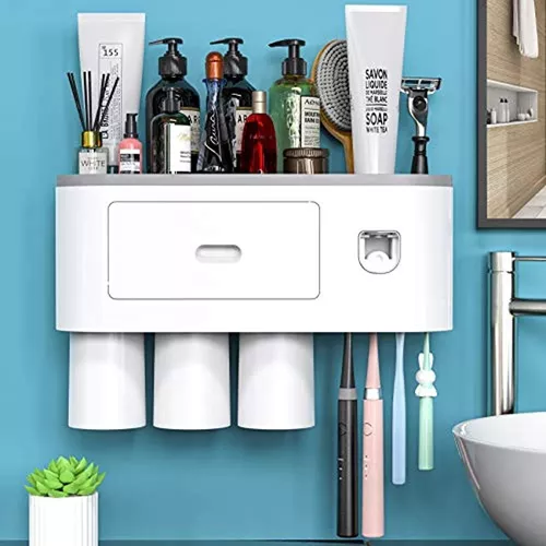 Portacepillos de dientes para baños, 3 tazas, soporte para cepillos de  dientes montado en la pared con dispensador de pasta de dientes, bandeja de