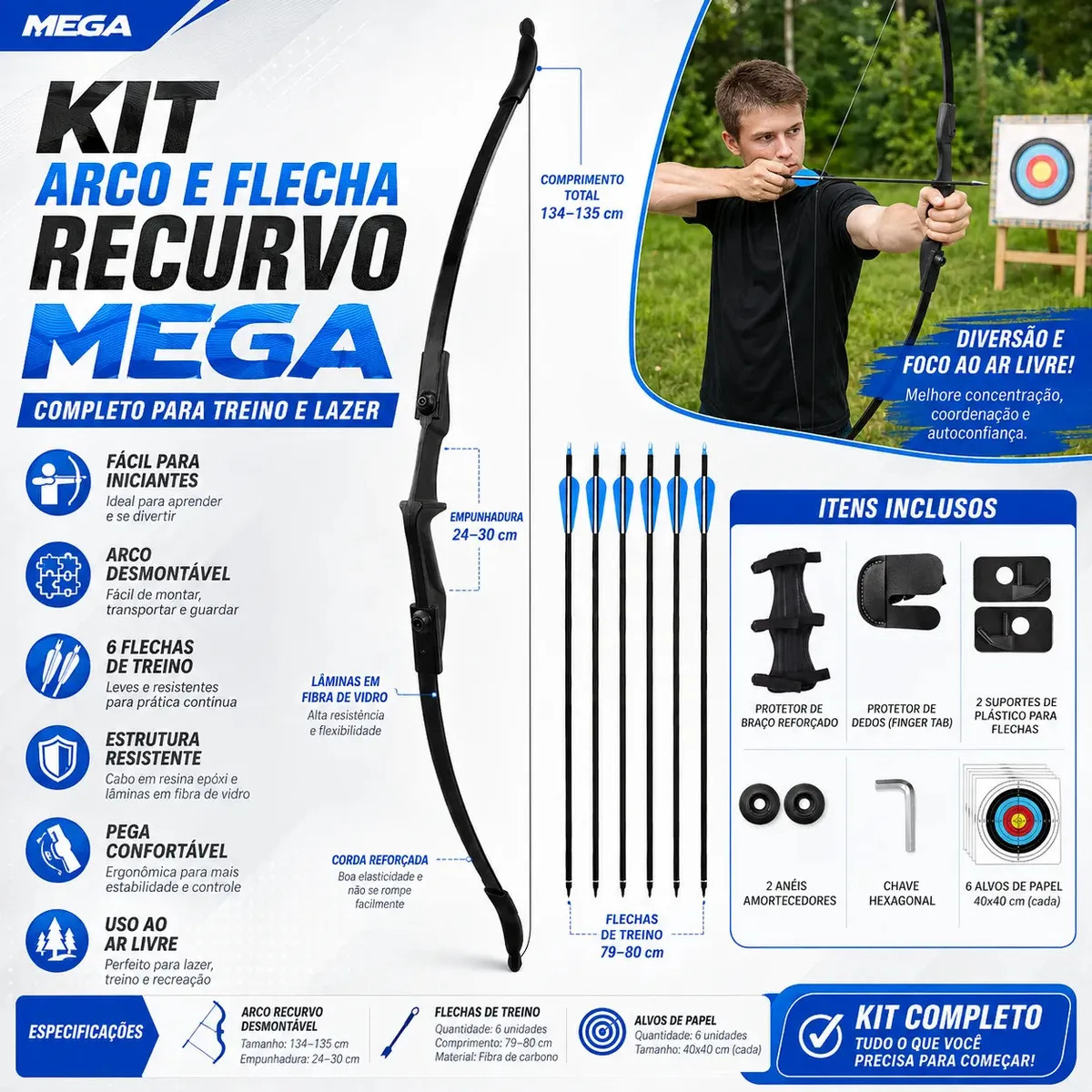 Kit Arco Recurvo 40lbs Profissional Ambidestro Desmontável com 6 Flechas de Fibra de Carbono, Alvos e Acessórios para Iniciantes, Treino, Esporte e Lazer ao Ar Livre Preto