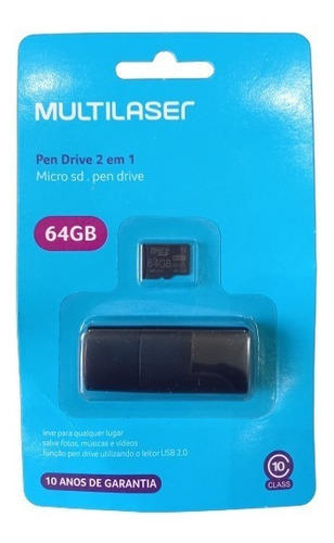Imagem 3 de 4 de Cartão Memória Microsd 64gb Pendrive Usb Multilaser Class 10