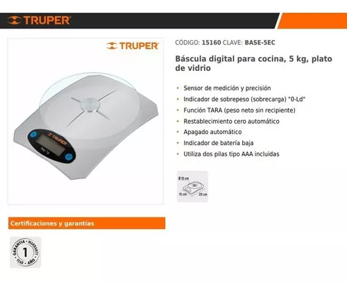 Báscula digital para cocina plato de vidrio, 5 kg, Truper