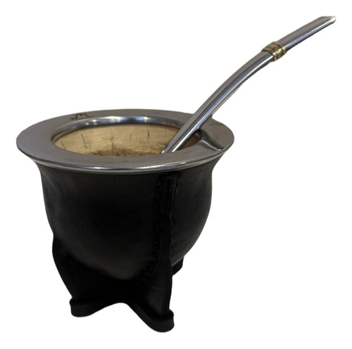 Mate Camionero De Calabaza Y Cuero, Con Virola De Acero Negro Forrado En Cuero Con Virola De Acero Inoxidable