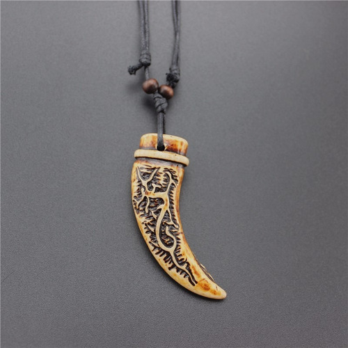 Collar Colgante Colmillo Dragón Cuero Artesanal Hombre Mujer