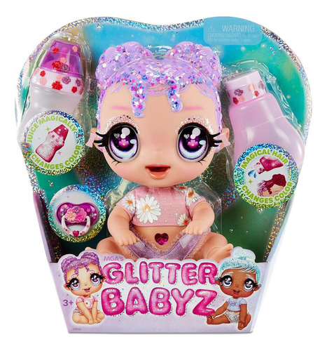 Muñeca Mga's Glitter Babyz Lila Wildboom Baby Doll Con 3 Mnc