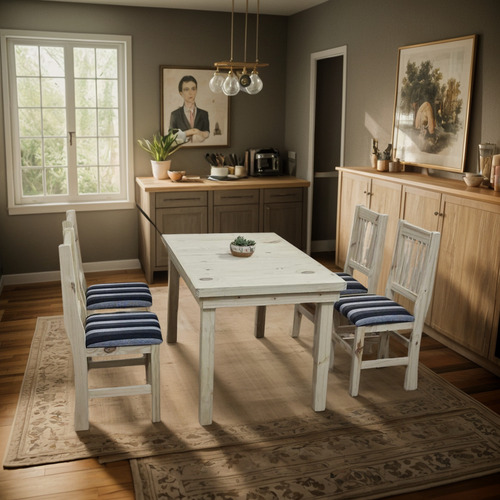 Mesa Comedor Madera Pino 1,20 X 80 + 4 Sillas Tapizadas. Rayado