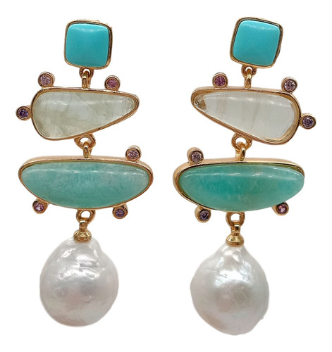 Pendientes De Turquesa Azul Y Perla Blanca De Agua Dulce