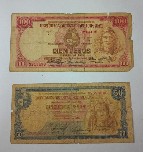 2 Billetes Uruguay 1939 50 - 100 Pesos  Fine