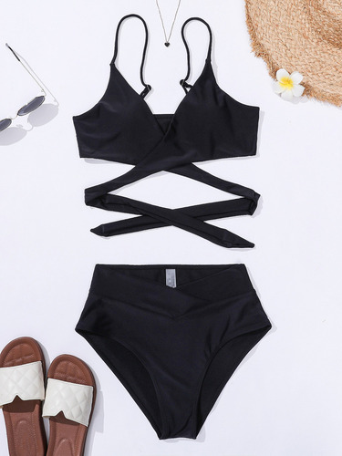 Trajes Bikini Sexy Mujer 2 Piezas Color Sólido Verano Playa Negro M