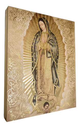 Virgen De Guadalupe Rosas Doradas En Bastidor 20 X 25 Cms 