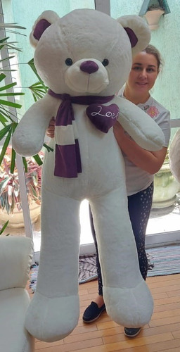 Urso Gigante Branco Pelúcia 1,4 Mt 140 Cm De Cachecol Lilás