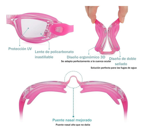 Set Natación 5pz, Gogles+gorra+clip Nariz+tapones+bolsa Rosa