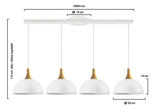 Colgante 4 Luces 20cm Nordico Deco Led Campana Deco Madera Estructura Blanco