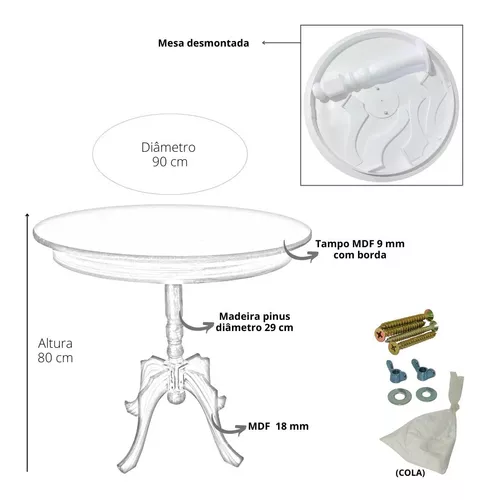 Mesa Redonda Torneado 90 Cm Jantar Decoração Mdf E Pinus