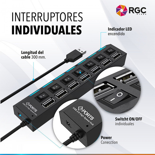 Imagen 5 de 10 de Zapatilla Hub Usb Multiplicador 7 Puertos Usb 2.0 Switch