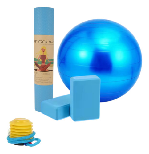 Kit Dual Yoga Mat Tpe 6mm + Esferodinamia + Bloques Pilates Celeste