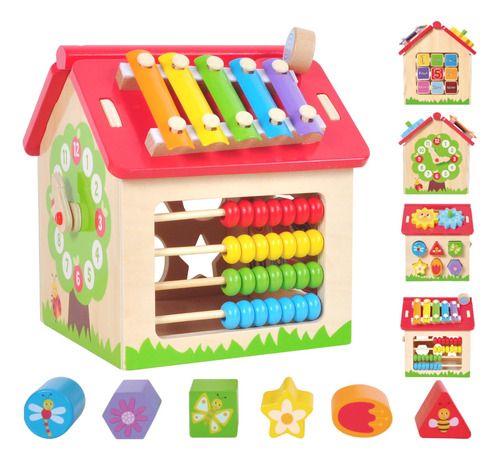Kids Wooden Toy House, Activity Cube, Sensory Learning Toy,.