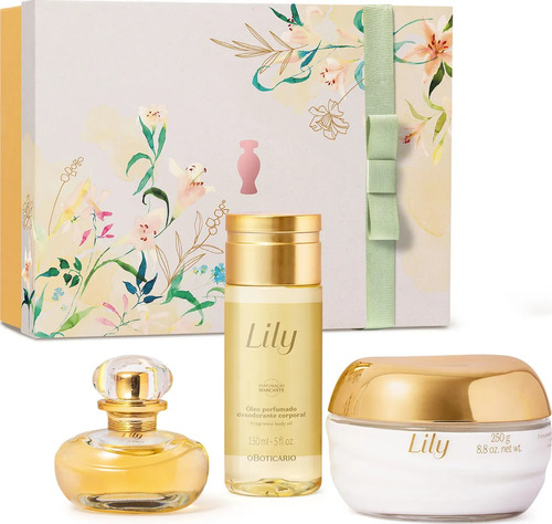 Kit Presente Lily (3 Itens) - O Boticário Mães 2024 Lançamento Eau De Parfum Creme Acetinado E Óleo Corporal Perfumado Mulher Namorada Flores