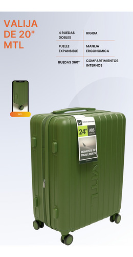Valija Carry On 20 Pulgadas Mtl Abs Rígida Color Verde Militar Ruedas Dobles 360° Liviana Resistente Equipaje De Mano Diseño Moderno Candado Tsa Organización Eficiente Viajes Negocios Placer Reforzada