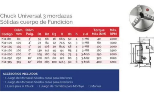 Chuck Universal Fuerda 4pulgadas 0-100mm 3 Mordazas K11-100