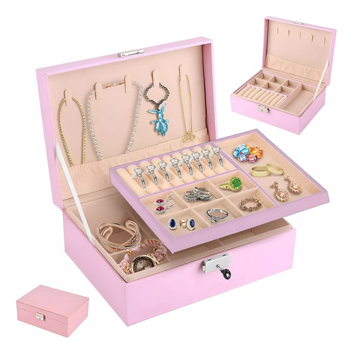 Alhajero Caja Organizadora Anillos Aro Accesorio Cuero Joyas Color Rosa