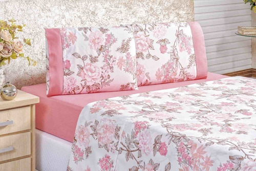 Jogo De Cama Lençol King 4 Peças 200 Fios Naturale Serene Cor Rosa Desenho Do Tecido Florido