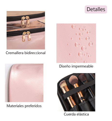 Neceser Maquillaje Viaje Doble Portátil Impermeable Bolsa Rosa Dorado