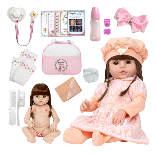 Boneca Tipo Reborn 100% Silicone 46cm + Vários Acessórios