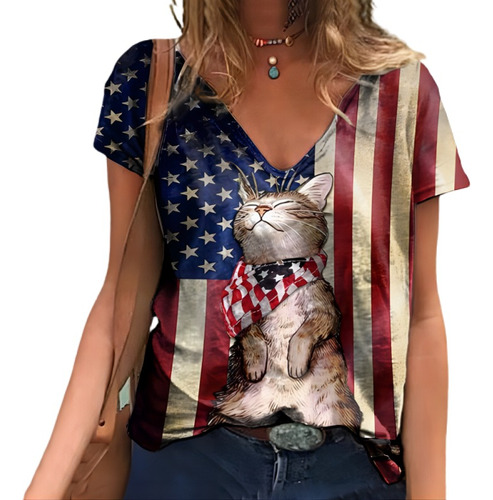 Camiseta Informal Con Estampado De Bandera De Gato
