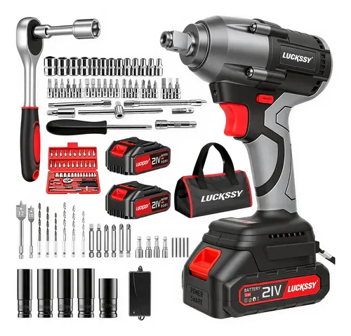 Llave De Impacto Inalámbrica Luckssy De 21v Y 520nm Con Motor Sin Escobillas Y Juego De Herramientas De 2 Baterías Gris