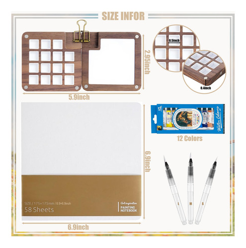Mini Jgo Paleta De Acuarela Portátil 7 Pzas Kit De Acuarela