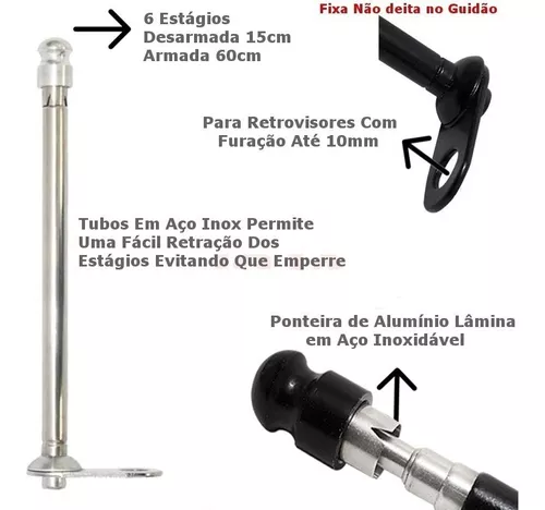 Antena Aparador Corta Linha Pipa Moto Retrovisor Preta Inox