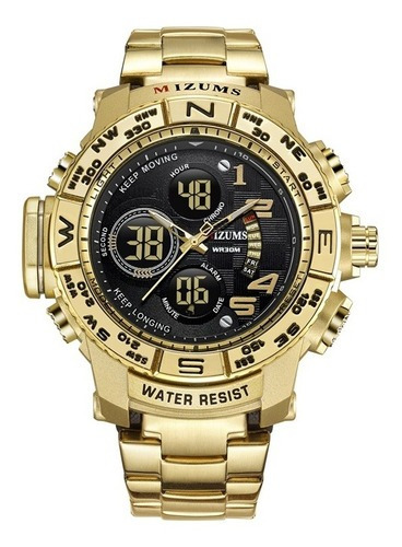 Relógio Grande Mizums M8002 Dourado Luxo Cor do fundo Preto