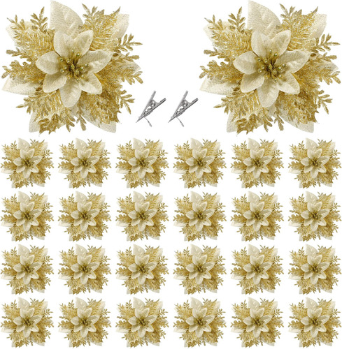 Sggvecsy 24 Piezas De Flores De Pascua Con Purpurina Navideñ