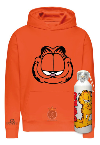 Poleron Garfield + Botella En Aluminio 750ml - Felino - Gato - Travieso - Caricatura - Serie - Estampaking