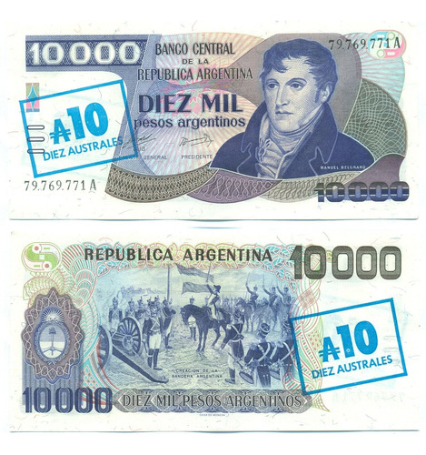 Billete 10 Australes Resellado 10000 Pesos 1985 B#2705 Aunc