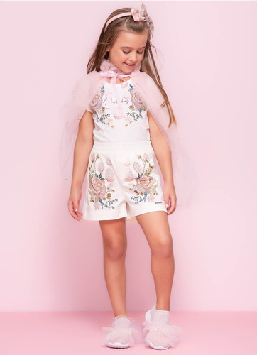 Short Chino Infantil Menina Floral Festa Grife Pituchinhus