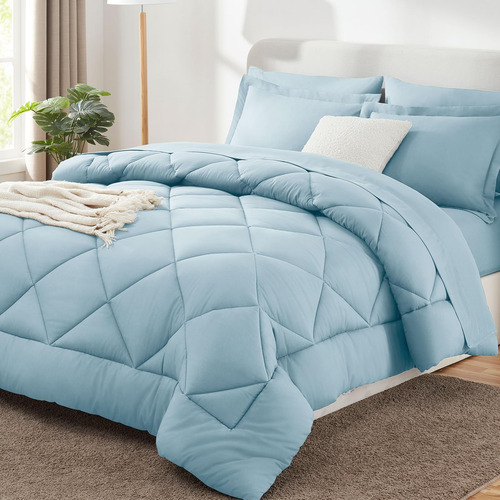 Juego De Edredón Cozylux Queen, Color Azul Claro, 7 Piezas,