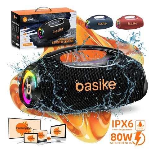 Basike Caixa de Som Boombox 80W 8000Mah 10hrs Portátil Bluetooth 5.3 Sem fio IPX6 À Prova D'água Com Luz RGB Hifi TWS Bass Forte Áudio de Alta Qualidade Para Samba Funk Baile Carioca HipHop Forró Axé