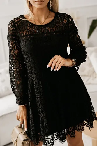 Vestido Corto Negro Encaje Suave Manga Larg Elegante