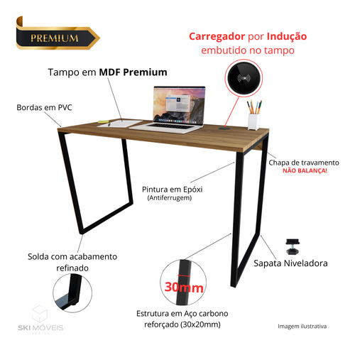 Mesa Escrivaninha Estilo Industrial Com Carregador Sem Fio