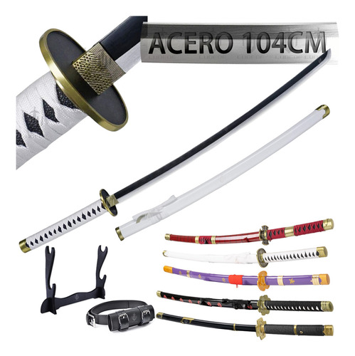 LUDEDE Roronoa Zoro Acero Katana - 104cm Wado Ichimonji Anime One Piece Con Cinturón y Soporte - Espada Perfecta Para Cosplay, Colección