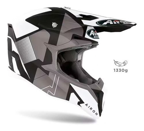 Capacete Airoh Wraap Raze Cinza Branco Preto Motocross Trilh