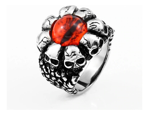 Anillo Punk Rock Ojo Rojo Craneos En Acero Inoxidable 316l