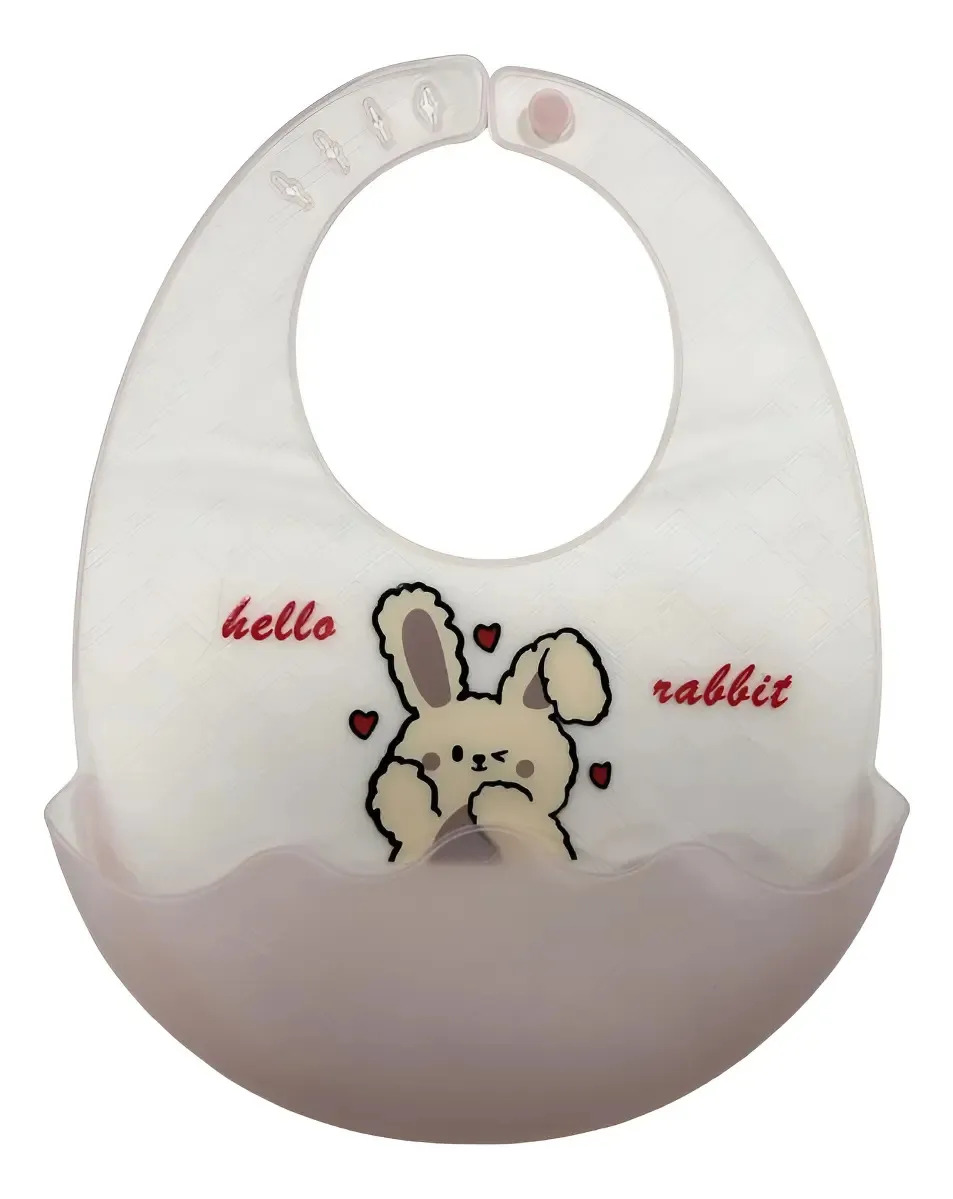 Babero Silicona Con Bolsillo Loopi Regulable 6m+ Color Rosa Conejo