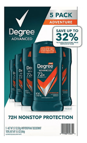 Desodorante Degree Advanced Adventure, Paquete De 76 G Con 5