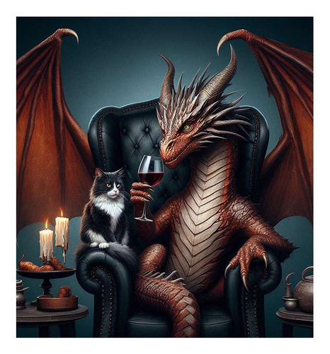 Vinilo 60x60cm Dragon Tomando Vino Gato Sillon Alas