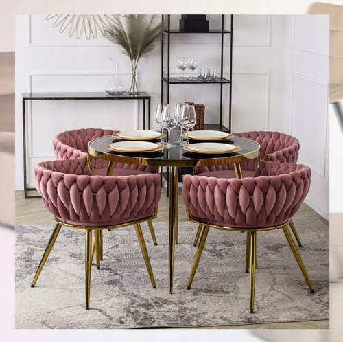 Set De 4 Sillas Acanaladas De Terciopelo Tejido Pata Dorada Terciopelo Dorado Rosa