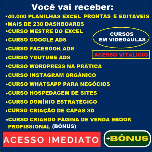 Planilhas Excel + Dashboards + Cursos + Bônus