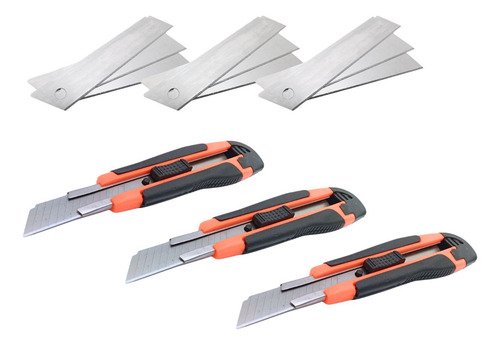 Kit Com 3 Estilete Grande Emborrachado 9 Lâminas Largas 