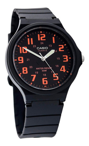 Relógio de pulso Casio Youth MW-240-1E2V com corpo preto, analógico, para masculino, undo preto, com correia de resina cor preto, subdials de cor laranja,ponteiro de ,bisel cor preto e fivela sim