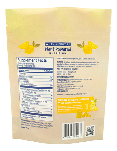 Wiley's Finest Vegan Omega-3 Gummies Fresh Lemonade 60ctsfn Sabor Limonada Fresca